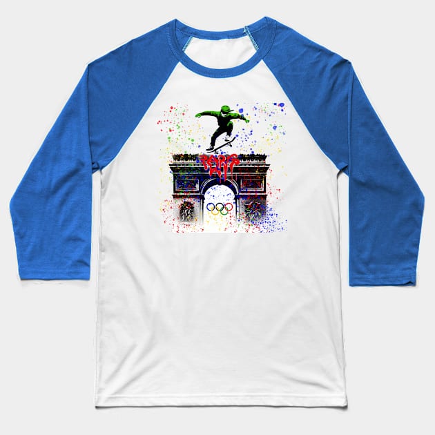 Summer Olympics 2024 Paris Skateboarding Baseball T-Shirt by Creatures Behaving Oddly